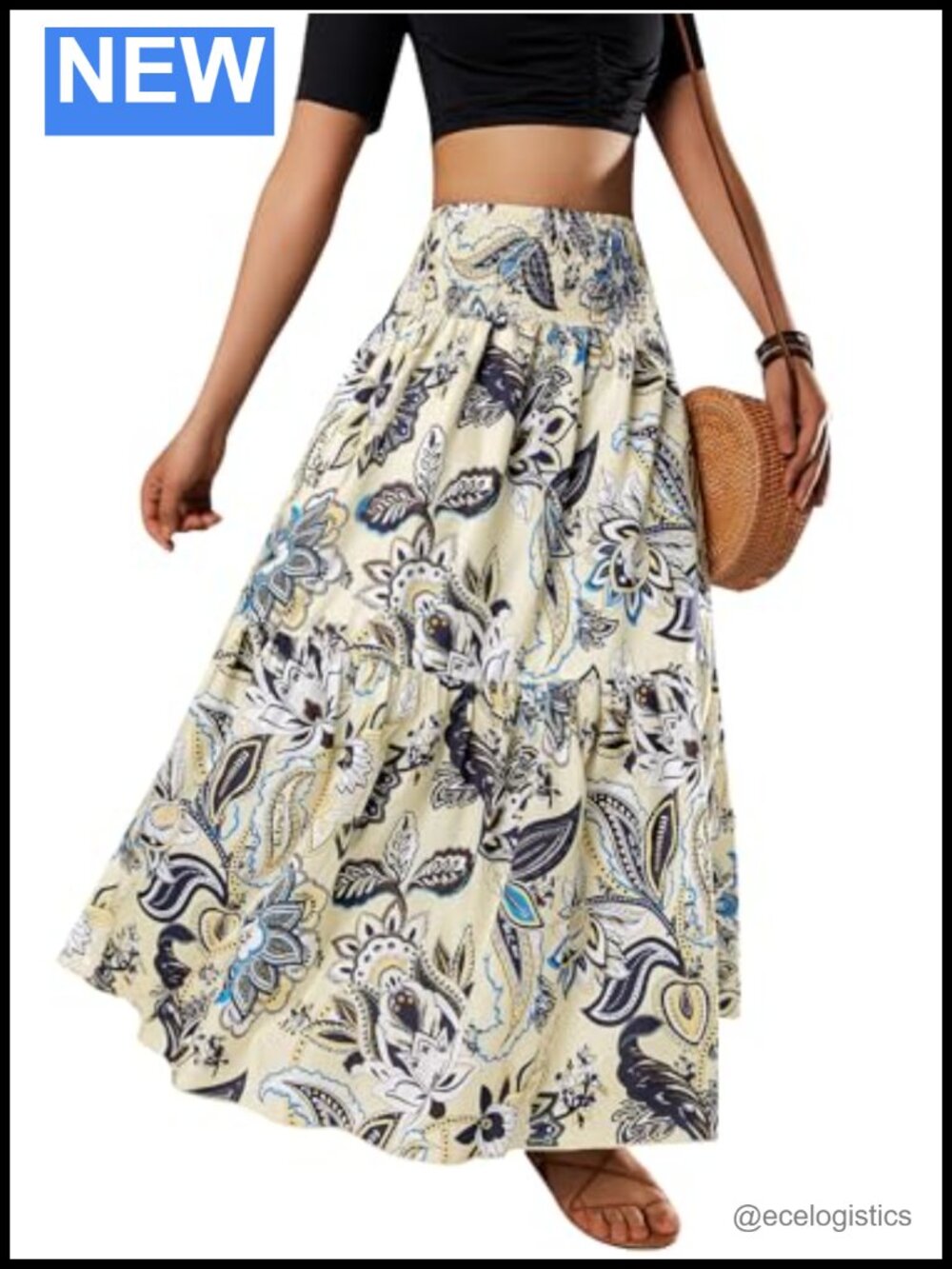 Boho High Waist Elastic Pleated A-Line Flowy Maxi Skirt